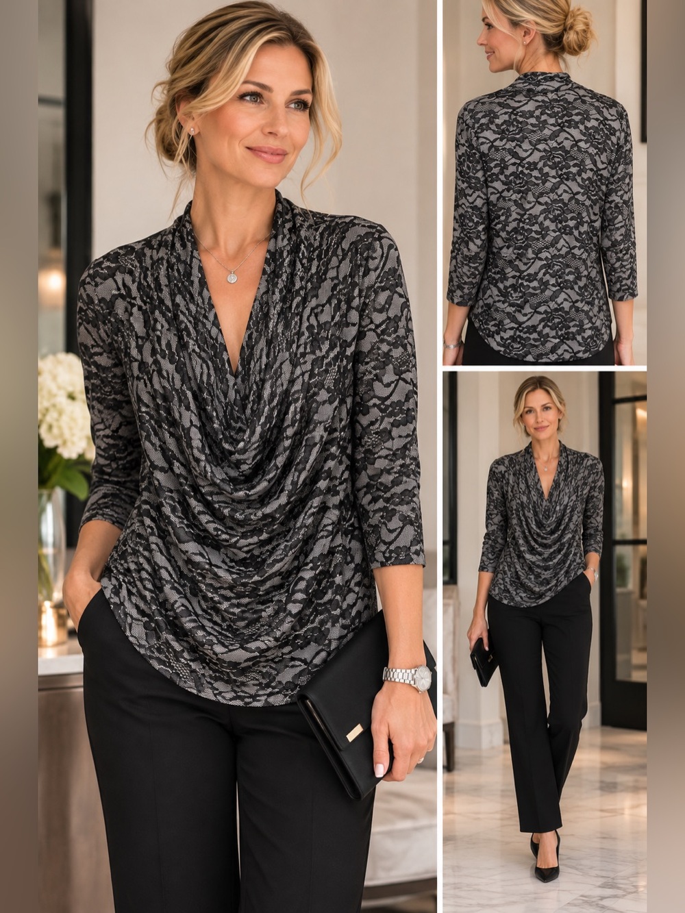 Cowl Neck Lace-Print Blouse in Black and Gray